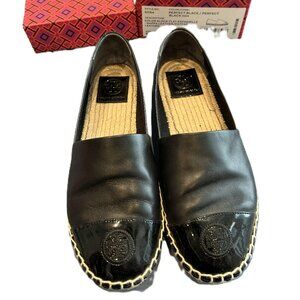 Tory Burch Flat Espadrilles – Perfect Black – Size 8 – Leather/Patent – Boxed